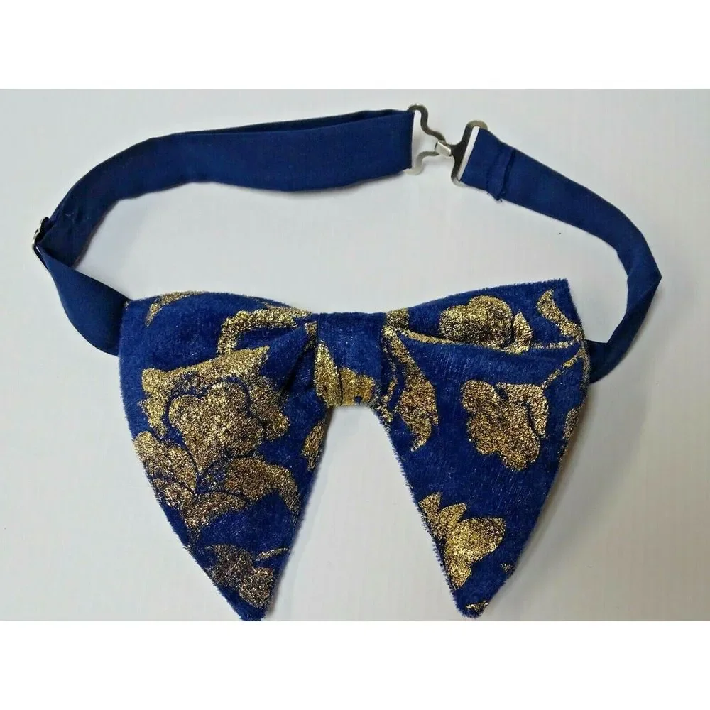 Handmade Mens‎ Navy/Gold Velvet Bow tie Vintage style 70`s Pre-tied Adjustable